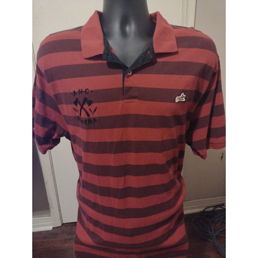 Akoo Short Sleeve Polo Shirt Timber Ridge Logo True Size Is Large L Red Striped